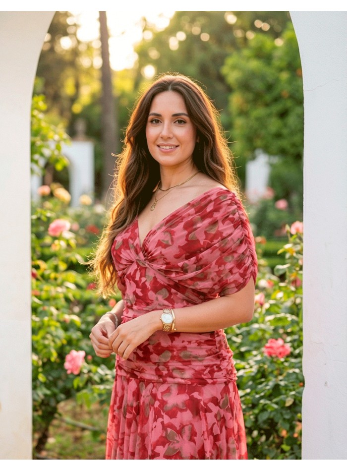 Draped Waist Red Printed Midi Dress