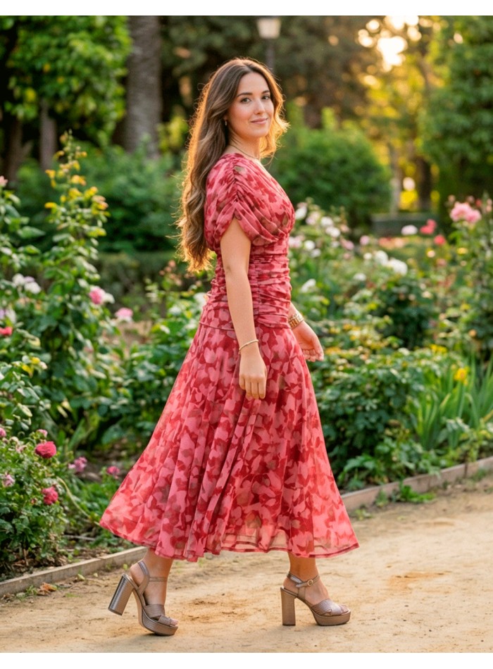 Vestido Midi Estampado Rojo con Cintura Drapeada