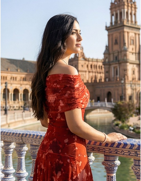 Guest dress printed in rust color with bardot neckline 2