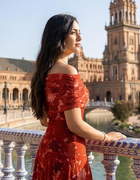 Guest dress printed in rust color with bardot neckline