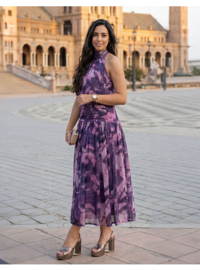 Printed halter neck midi dress with ruched...
