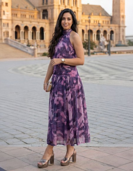 Printed halter neck midi dress with ruched waistline