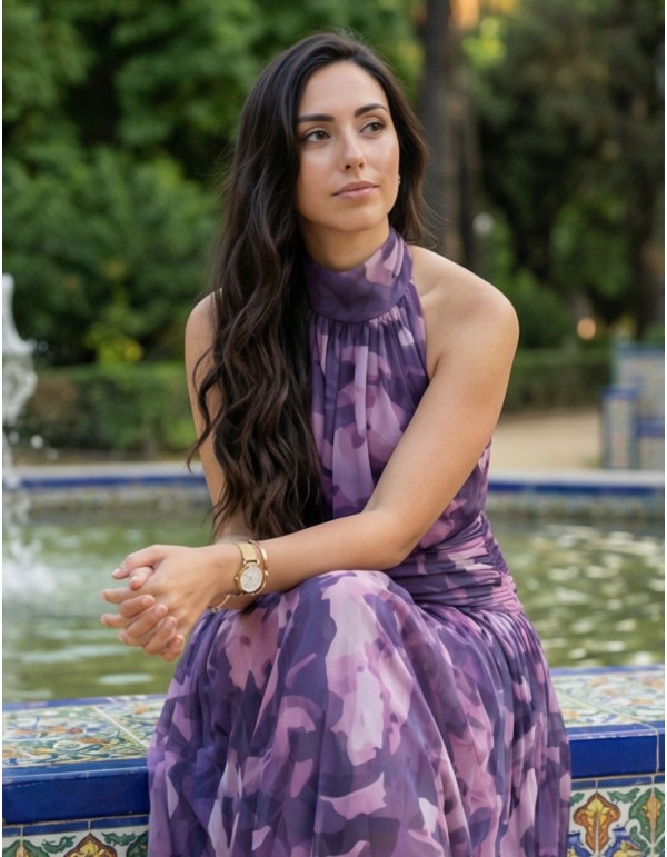 Printed halter neck midi dress with ruched waistline 2