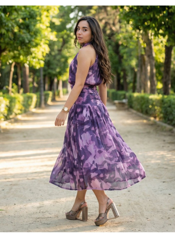 Printed halter neck midi dress with ruched...