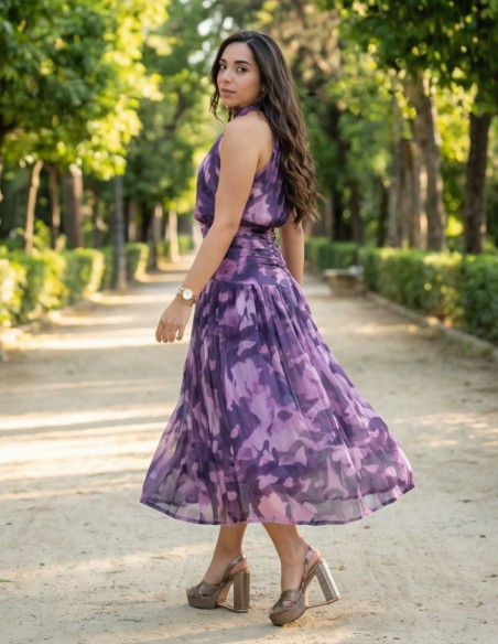 Robe midi imprimée à col licou et taille froncée