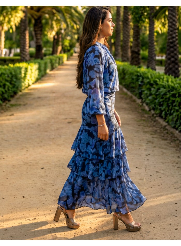 Blue Printed Ruffled Midi Skirt with Ruffles...