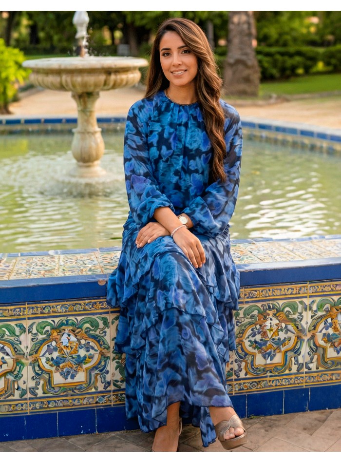 Blue Printed Ruffled Midi Skirt with Ruffles...