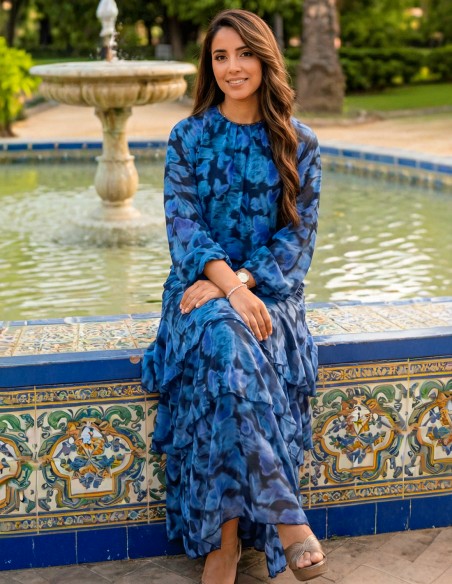 Blue Printed Ruffled Midi Skirt with Ruffles and Blouse Set