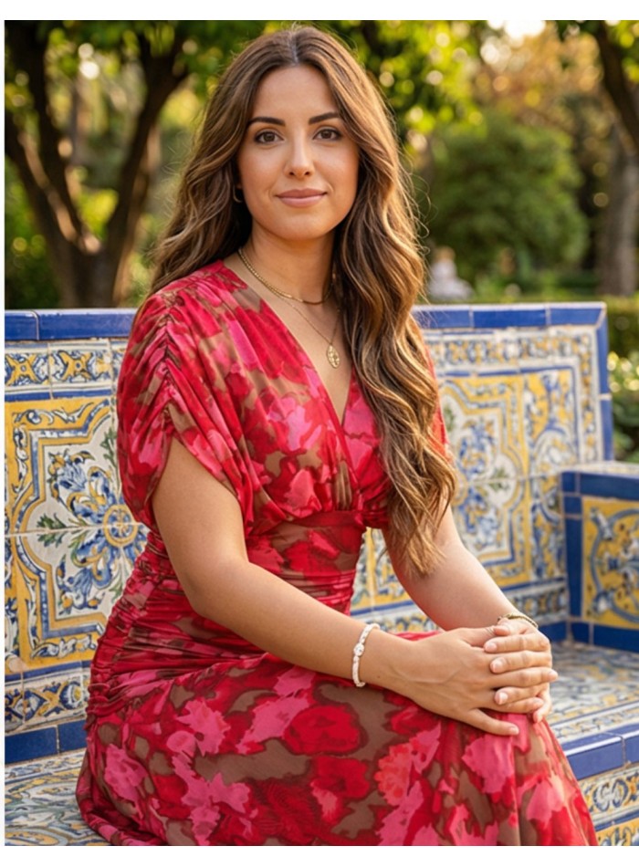 Printed midi dress with draped waist and...