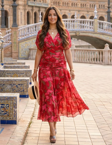 Robe midi imprimée avec taille drapée et jupe flottante