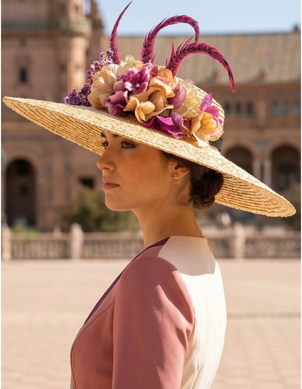 Pamela de rafia con detalle de flores y plumas en tono buganvilla para invitada