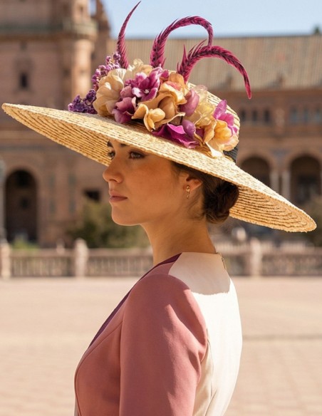 Bougainvillea raffia pamela with flower and feather detail for guests
