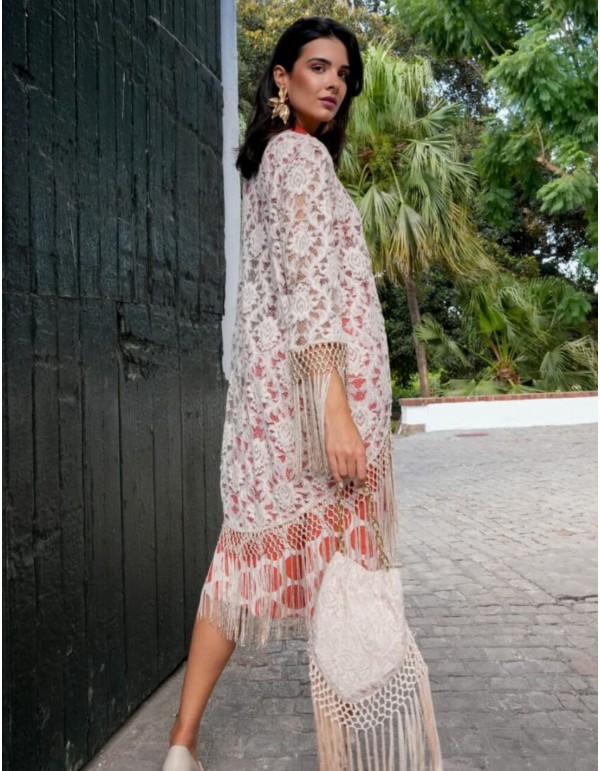Kimono écru en dentelle florale avec franges