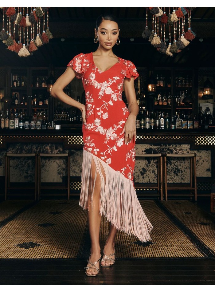 Red asymmetrical midi dress with embroidery and...