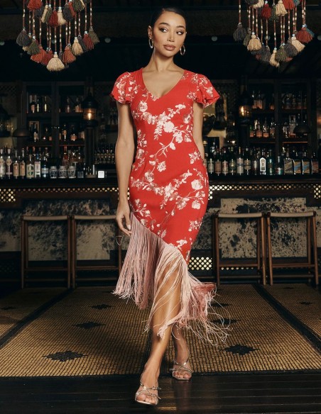 Red asymmetrical midi dress with embroidery and thread bangs