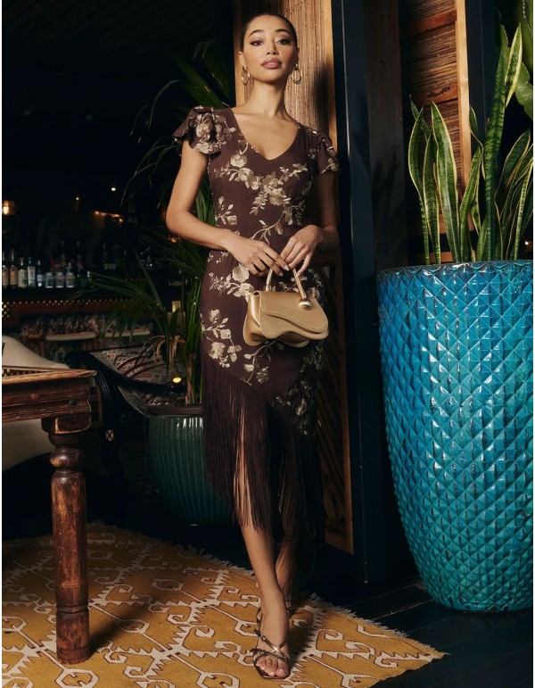 Robe midi asymétrique marron chocolat avec broderies et... 2