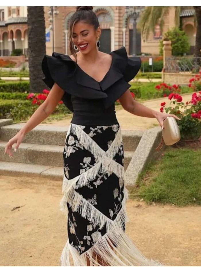 Jupe midi noire avec broderie florale et...