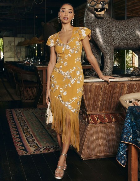 Mustard asymmetric midi dress with embroidery and thread bangs