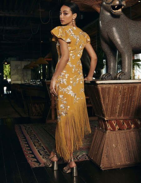 Mustard asymmetric midi dress with embroidery and thread bangs