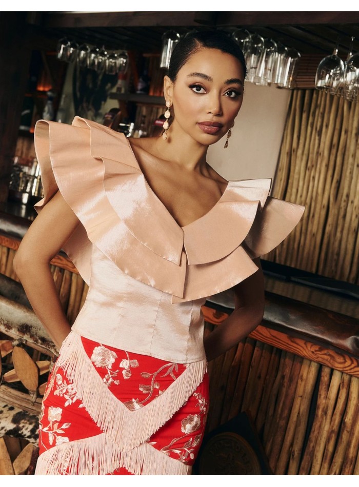 Beige structured guest top with double ruffles