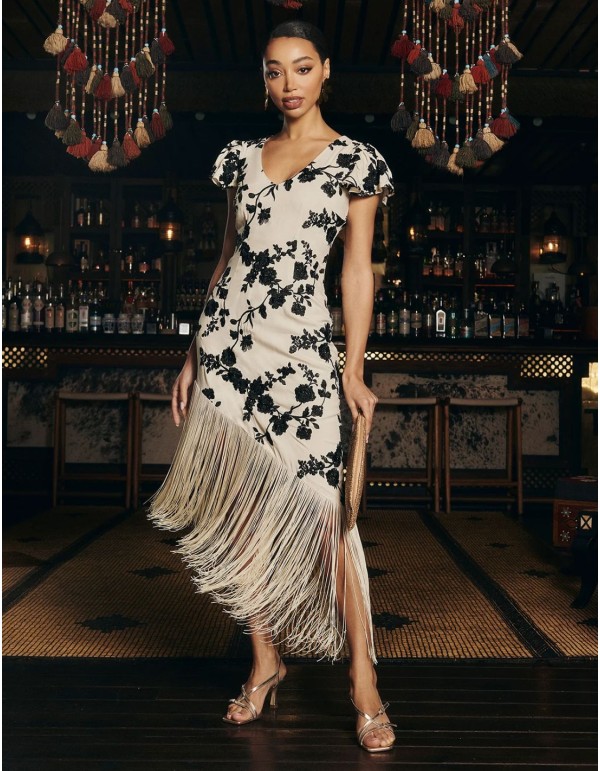 Robe midi asymétrique beige avec broderies et franges de... 2