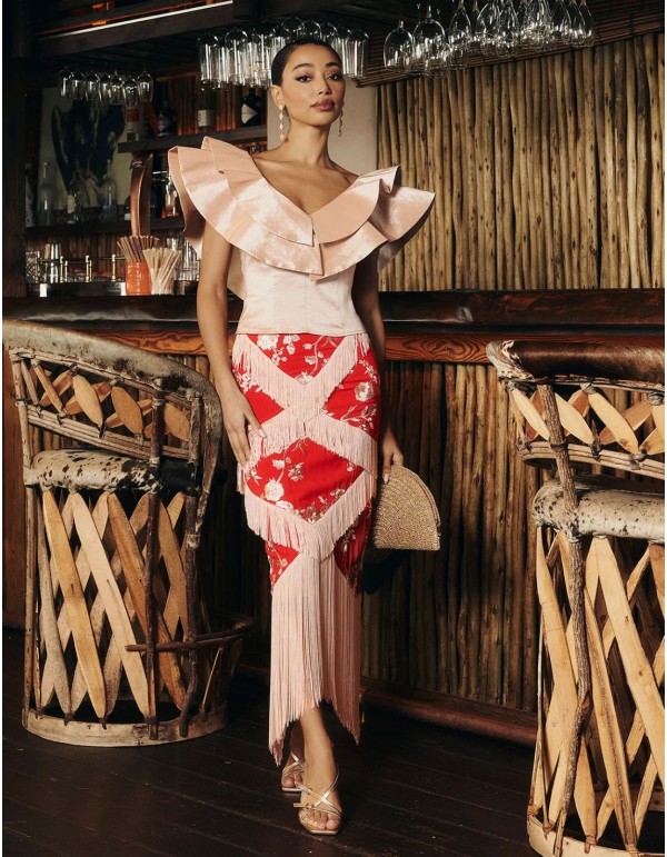 Guest midi skirt in red with embroidery and bangs