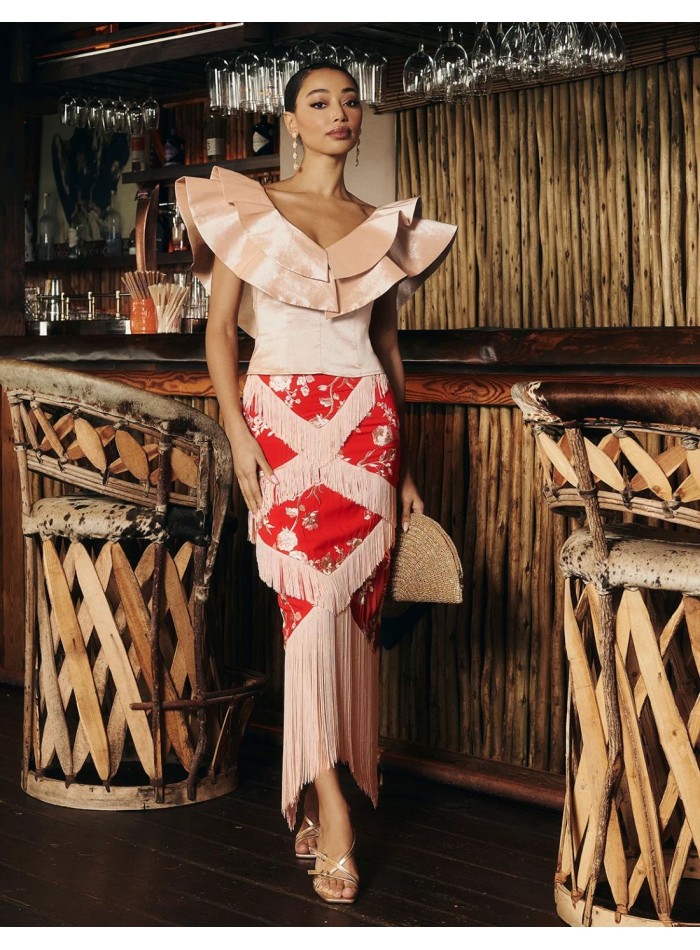 Guest midi skirt in red with embroidery and bangs