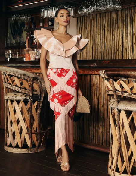 Guest midi skirt in red with embroidery and bangs