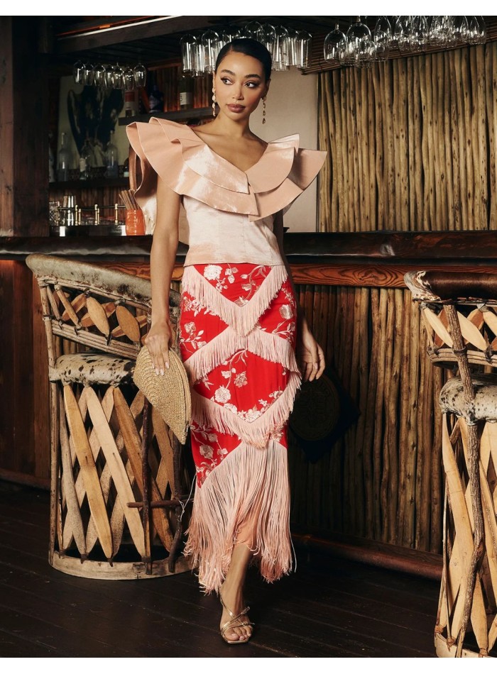 Jupe midi Guest rouge avec broderies et franges