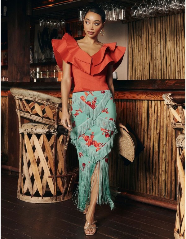 Jupe midi bleu clair avec franges et broderie corail