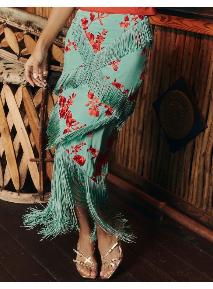 Light blue midi skirt with bangs and coral...