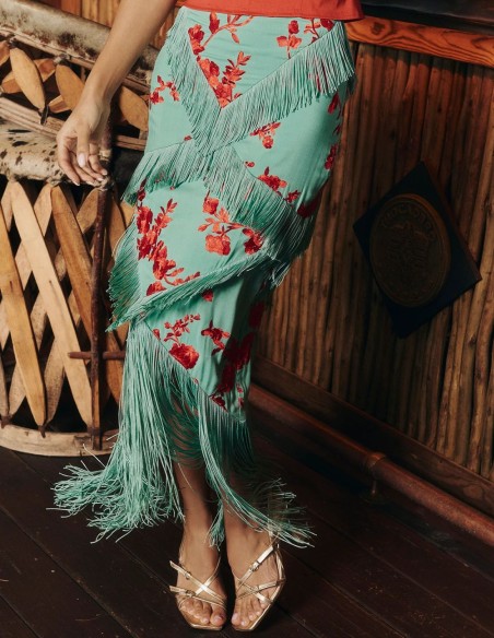 Light blue midi skirt with bangs and coral embroidery