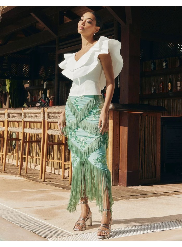 Falda midi en color aguamarina con detalles de...