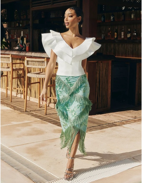 Jupe midi en aigue-marine avec franges et broderies florales 2