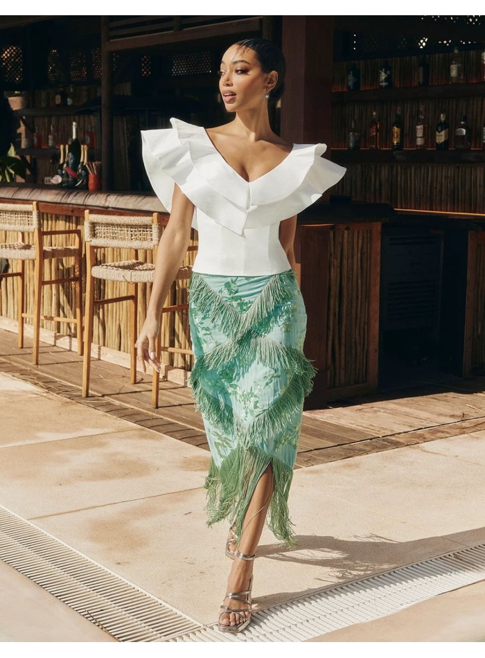 Midi skirt in aquamarine with fringe and floral...