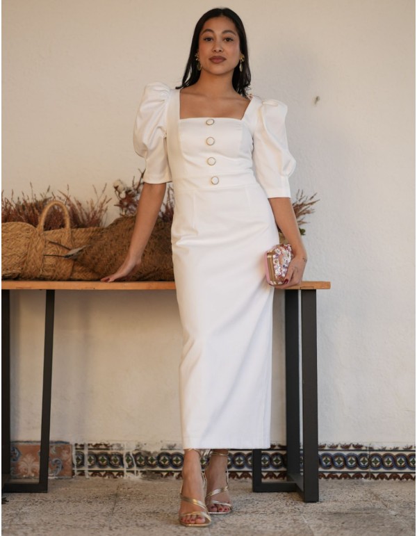 Robe midi blanche en piqué à manches bouffantes