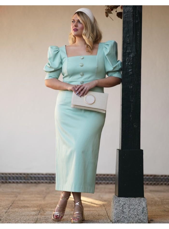 Robe midi verte à manches bouffantes en piqué