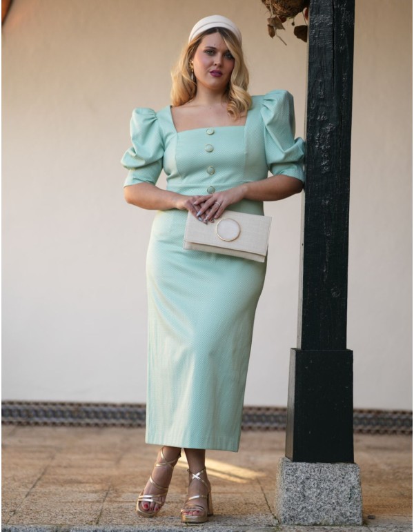 Green midi dress with puffed sleeves made of piqué 2