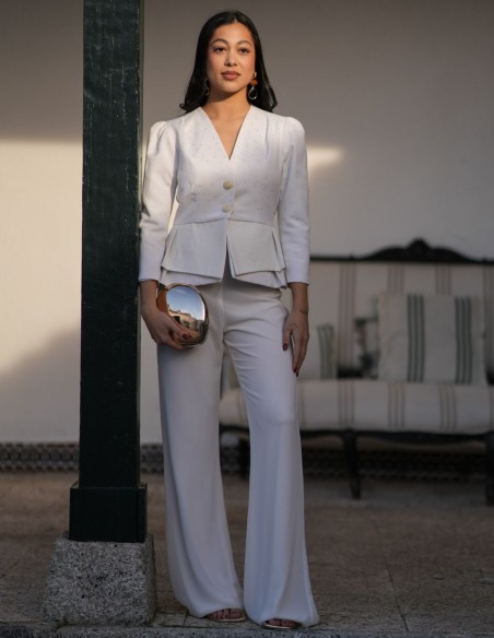 Ensemble deux pièces avec veste en jacquard et pantalon en mousseline de soie