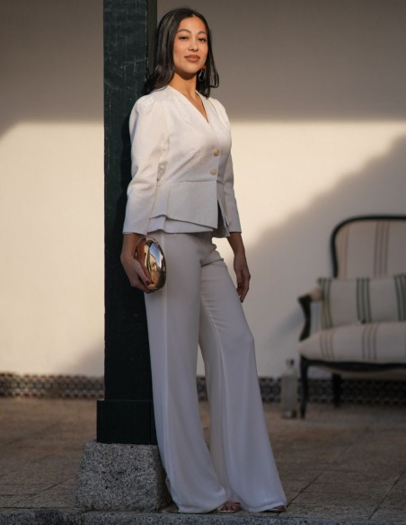 Two-piece ensemble with jacquard jacket and chiffon pants