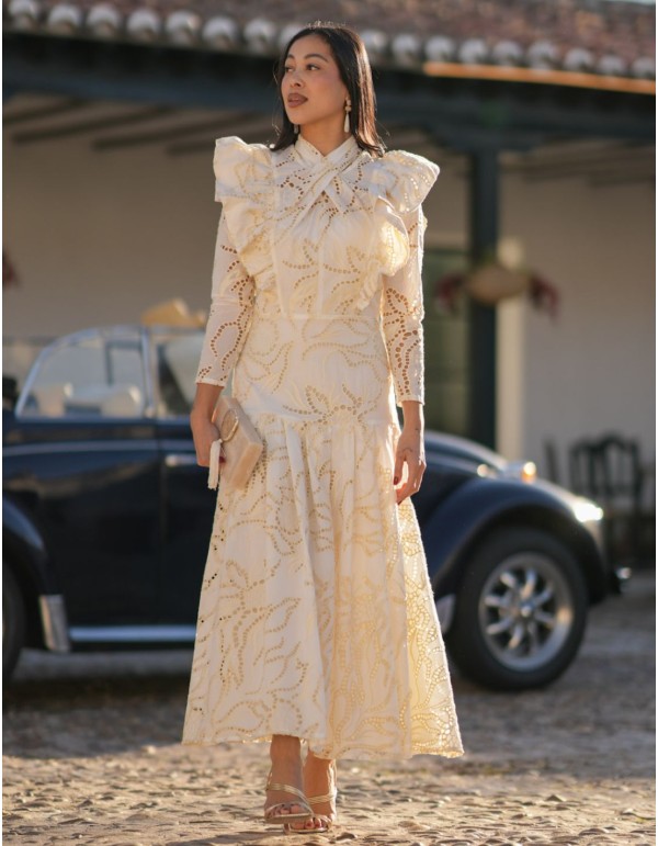 Midi dress with closed neckline and ruffles in openwork...