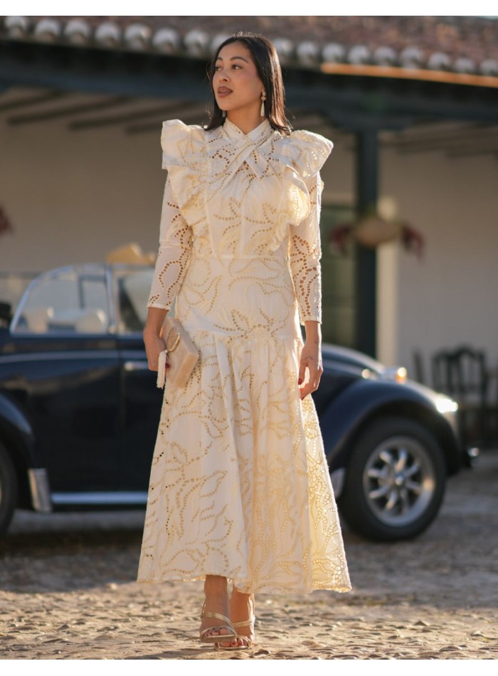 Vestido midi con cuello cerrado y volantes en...