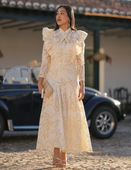 Vestido midi con cuello cerrado y volantes en tejido calado
