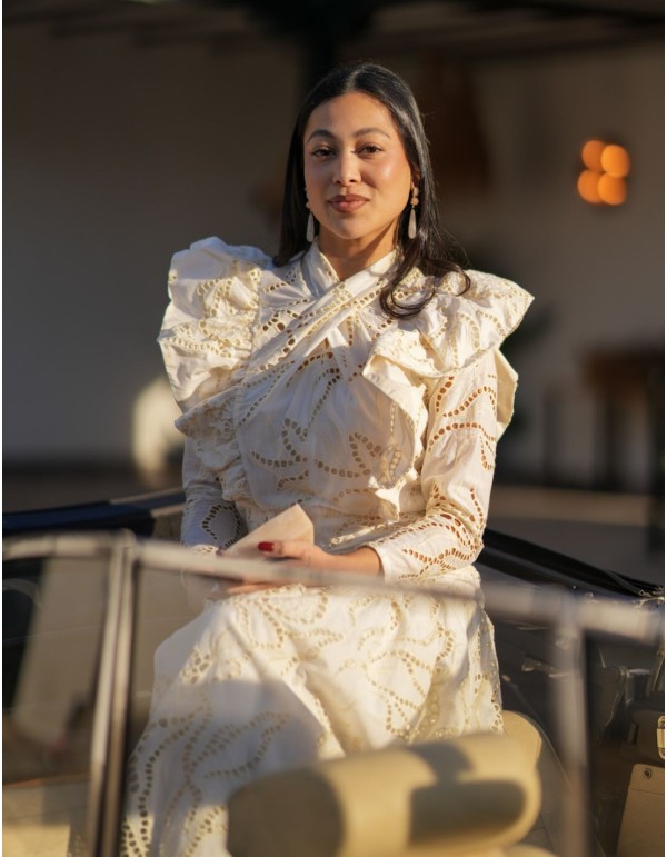 Vestido midi con cuello cerrado y volantes en tejido calado 2