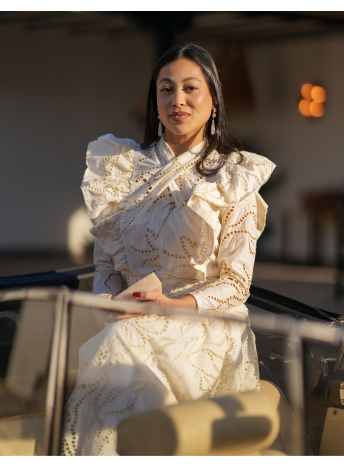 Vestido midi con cuello cerrado y volantes en...