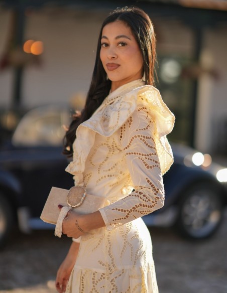 Midi dress with closed neckline and ruffles in openwork fabric