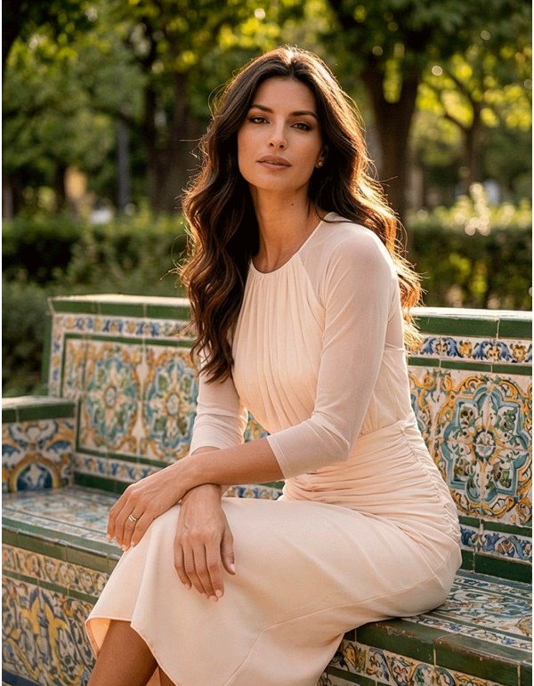 Vestido midi de escote cerrado y mangas transparentes en blanco-beige