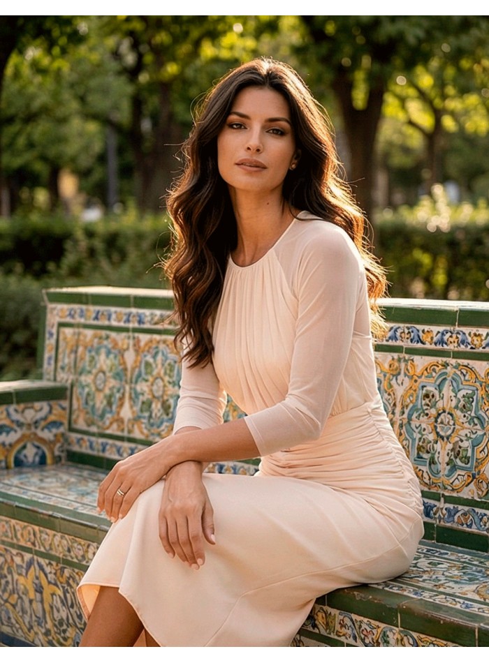 Off-white midi dress with closed neckline and transparent sleeves