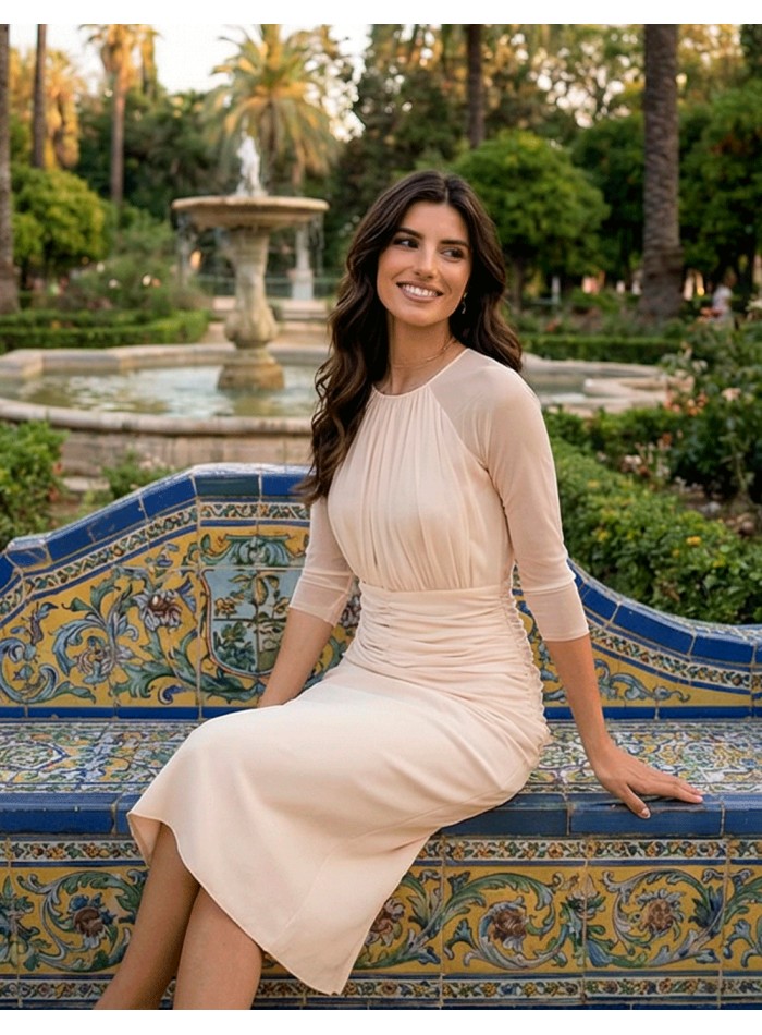 Off-white midi dress with closed neckline and...