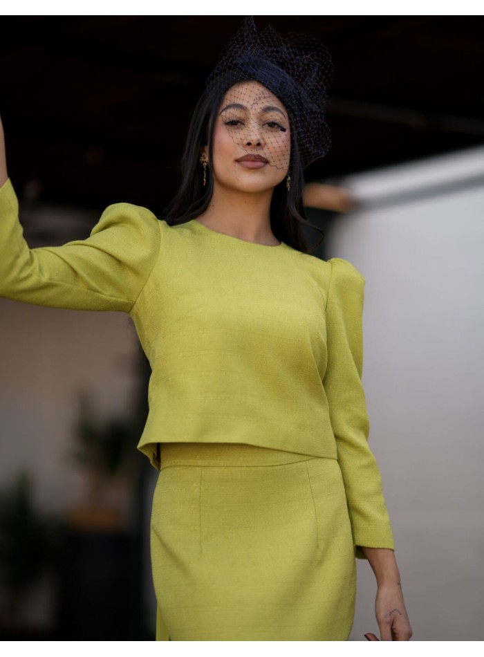 Lime green two-piece set with puffed sleeve...